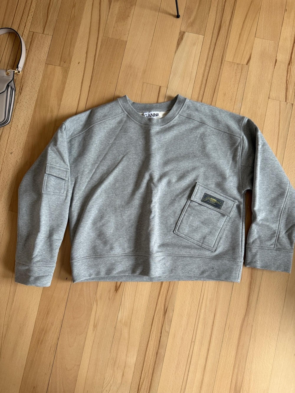 Ganni Gray Crewneck Sweater with Angled Pocket